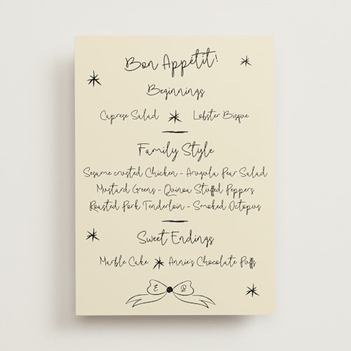 This is a champagne menu cards with standard by Helena Vitto called modern love printing on signature in 5x7
