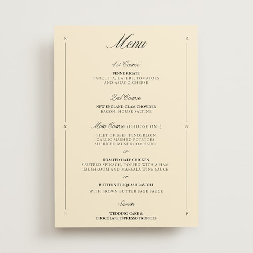This is a sunshine menu cards with standard by Jen Ramsey called elegant and formal printing on signature in 5x7