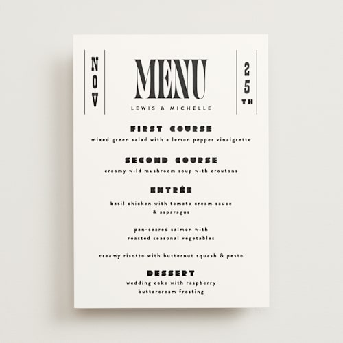 This is a noir menu cards with standard by Alethea and Ruth called bold stack printing on signature in 5x7