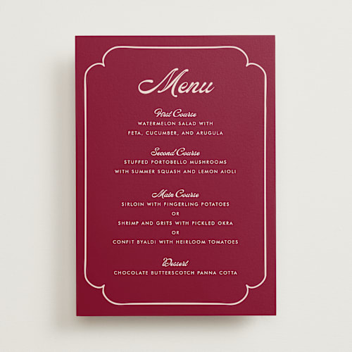 This is a garnet menu cards with standard by Morgan Kendall called victorian chic printing on signature in 5x7