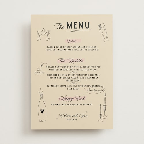 This is a linen menu cards with standard by Helena Vitto called modern fairy tale printing on signature in 5x7