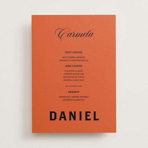 This is a amaro menu cards with standard by Claire called bold and demure printing on signature in 5x7