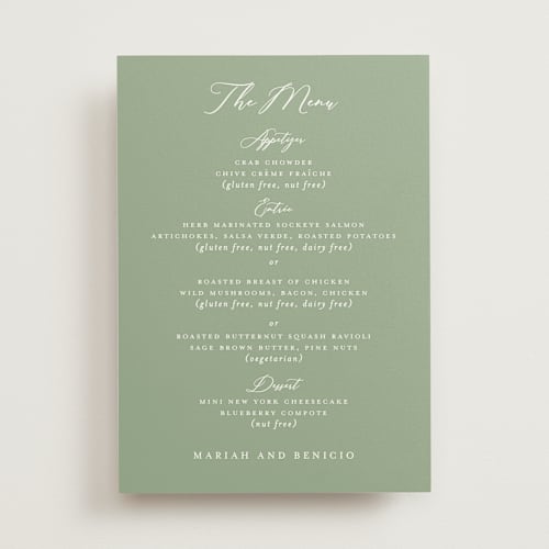 This is a leaf menu cards with standard by Sherley Ferreira called eternal grace printing on signature in 5x7