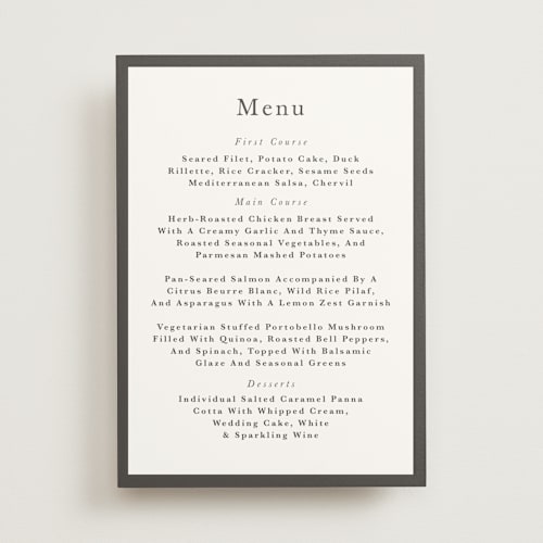 This is a charcoal menu cards with standard by Lori Wemple called monogram square printing on signature in 5x7