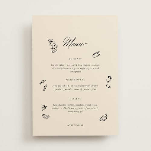 This is a cream menu cards with standard by Draft and Wed called whimsical watercolour printing on signature in standard