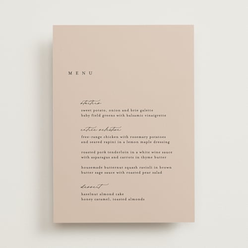 This is a dusty rose menu cards with standard by Kelly Schmidt called soho printing on signature in standard