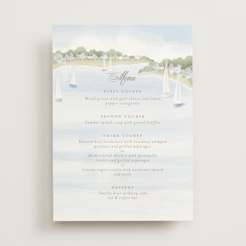 This is a aqua menu cards with standard by Jennifer Wick called bristol printing on signature in standard
