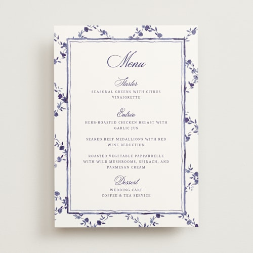 This is a plum menu cards with standard by Cass Loh called blooming crest printing on signature in standard