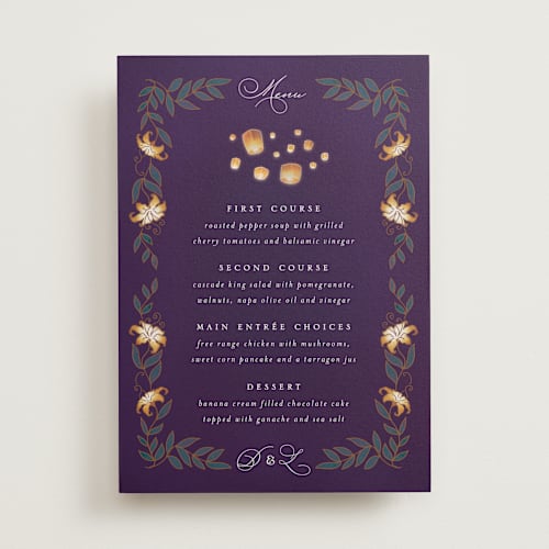 This is a twilight menu cards with standard by Simona Camp called disney's tangled lanterns printing on signature in standard