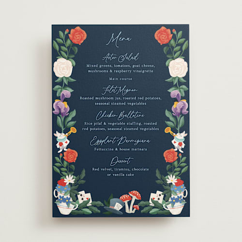 This is a evening menu cards with standard by Elly called disney's alice in wonderland garden tea party printing on signature in standard