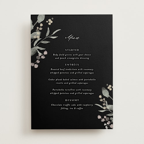 This is a noir menu cards with standard by Jennifer Wick called enchanted fields printing on signature in standard