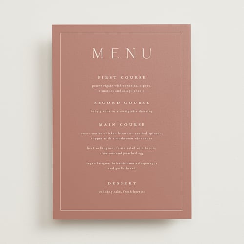 This is a dusty rose menu cards with standard by Stacey Meacham called warm affection printing on signature in 5x7