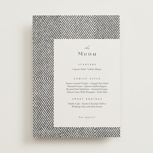 This is a noir menu cards with standard by FRANI called elegant ethno printing on signature in standard
