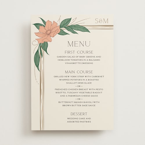 This is a almond menu cards with standard by GeekInk Design called charming printing on signature in standard