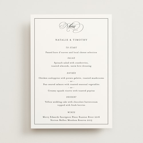 This is a noir menu cards with standard by Kimberly FitzSimons called sincerity printing on signature in standard