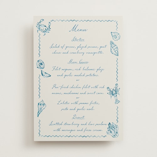 This is a ocean menu cards with standard by Pati Cascino called puglia printing on signature in 5x7