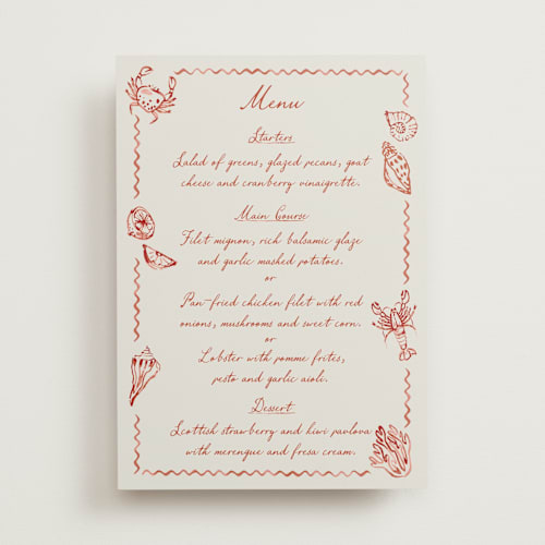 This is a coral menu cards with standard by Pati Cascino called puglia printing on signature in 5x7