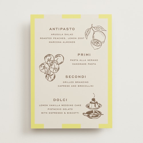 This is a limone menu cards with standard by Megan Davis called campania printing on signature in 5x7
