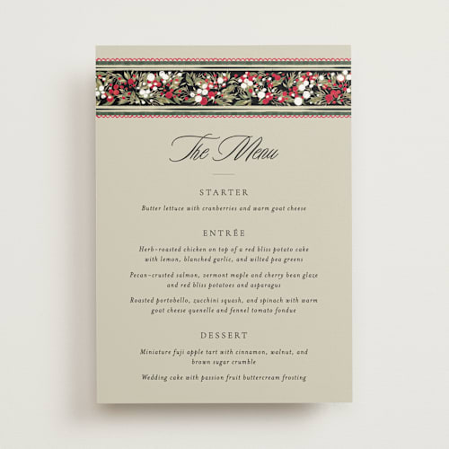 This is a ruby menu cards with standard by Jackie Crawford called holiday ribbon printing on signature in 5x7