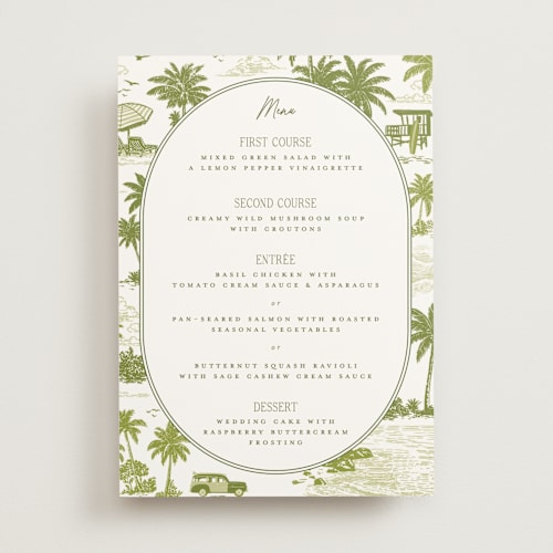 This is a palm menu cards with standard by Jenna Holcomb called west coast toile printing on signature in standard