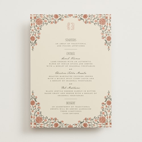 This is a terracotta menu cards with standard by Jenna Holcomb called tapestry printing on signature in 5x7