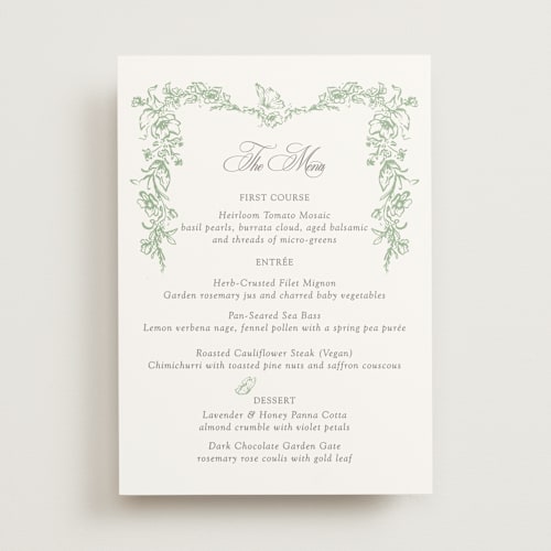This is a mint menu cards with standard by Melinda Denison called romantic garden printing on signature in standard