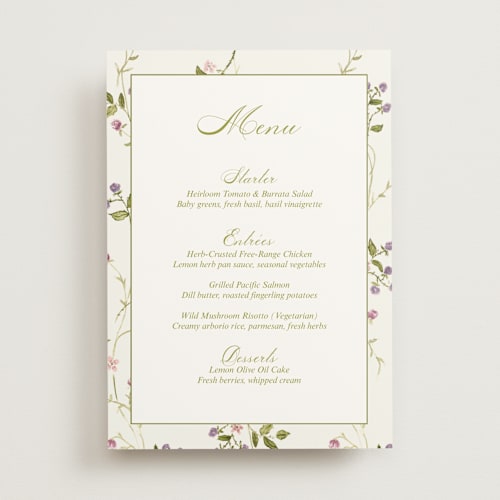 This is a cream menu cards with standard by Nicole Dragomir called wild berry watercolor printing on signature in standard