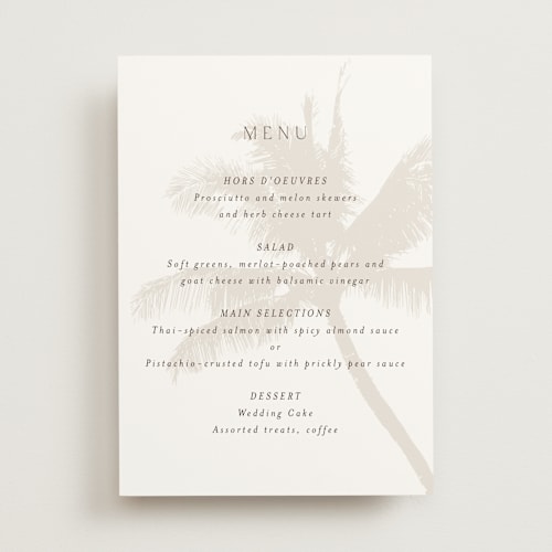 This is a ecru menu cards with standard by AK Graphics called palm printing on signature in standard