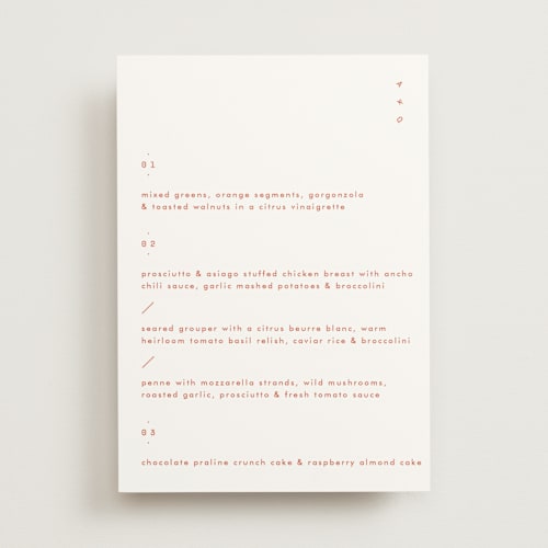 This is a verona sunset menu cards with standard by Blustery August called alaia printing on signature in 5x7