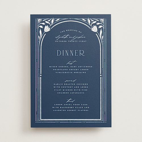 This is a delphinium menu cards with standard by Ashley DeMeyere called nouveau frame printing on signature in standard