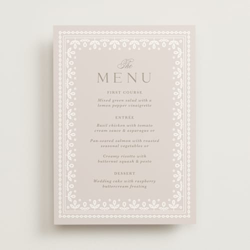 This is a cream menu cards with standard by Kristen Smith called lace trim printing on signature in standard