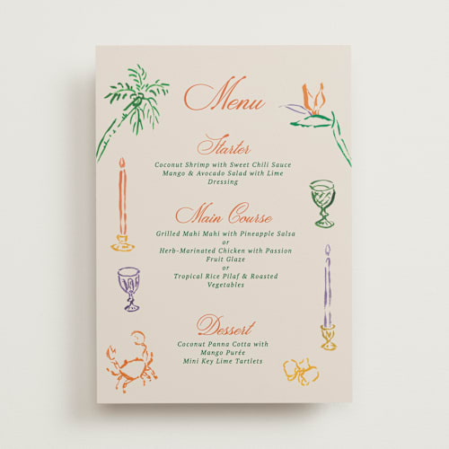 This is a bird of paradise menu cards with standard by Cass Loh called tropical tableau printing on signature in standard