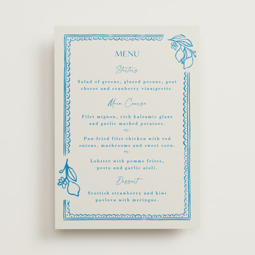 This is a ocean menu cards with standard by Pati Cascino called mediterraneo printing on signature in standard