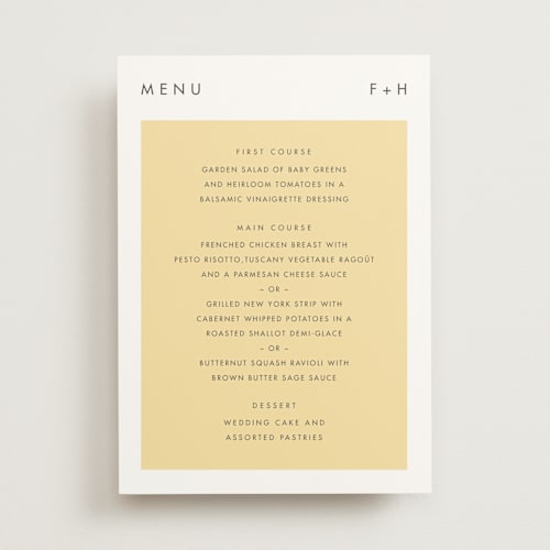 This is a buttercup menu cards with standard by Snow and Ivy called colorfield printing on signature in standard