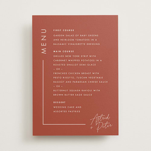 This is a peach cream menu cards with standard by Snow and Ivy called jot printing on signature in standard