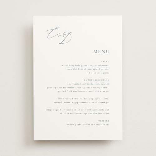 This is a dusty blue menu cards with standard by Jennifer Postorino called graceful printing on signature in 5x7