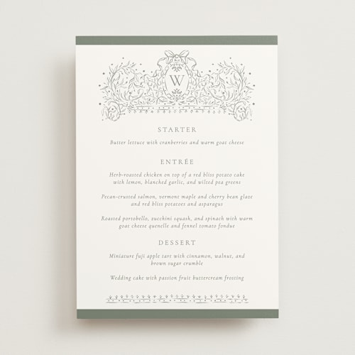 This is a forest menu cards with standard by Jackie Crawford called ornate sketched frame printing on signature in standard