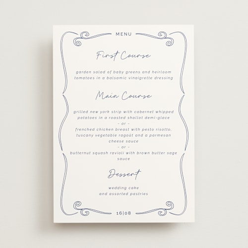 This is a cerulean menu cards with standard by Zani van Zyl called santorini printing on signature in standard