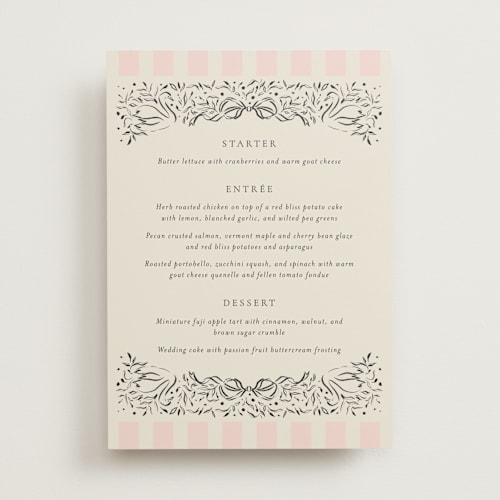 This is a peony menu cards with standard by Jackie Crawford called hand illustrated crest printing on signature in 5x7