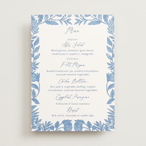 This is a porcelain menu cards with standard by Elly called porcelain floral printing on signature in 5x7