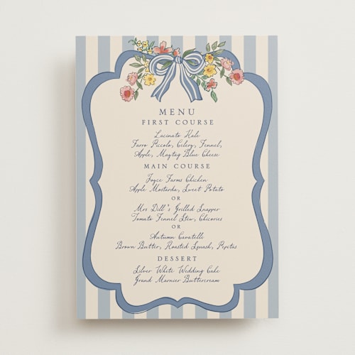 This is a cornflower menu cards with standard by Chris Griffith called a wedding in low country printing on signature in 5x7