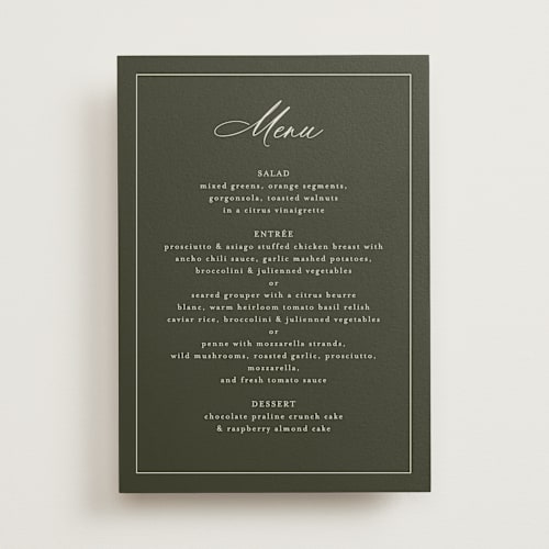 This is a deep olive menu cards with standard by Nicole Walsh called refined printing on signature in 5x7