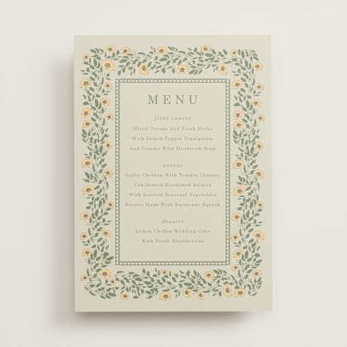 This is a mustard menu cards with standard by Baumbirdy called framed floral printing on signature in 5x7