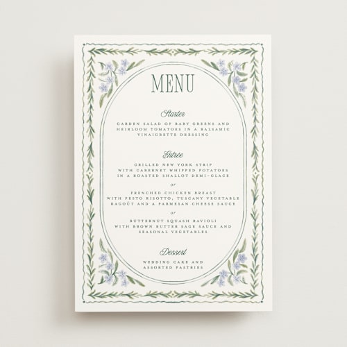 This is a wisteria menu cards with standard by Jenna Holcomb called vintage sketched printing on signature in 5x7