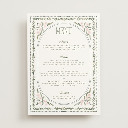 This is a peony menu cards with standard by Jenna Holcomb called vintage sketched printing on signature in 5x7