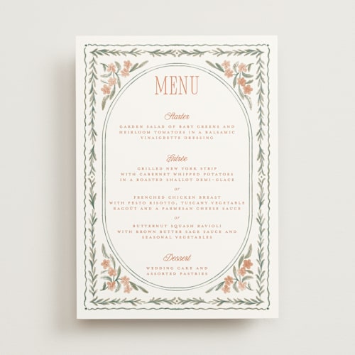 This is a persimmon menu cards with standard by Jenna Holcomb called vintage sketched printing on signature in 5x7