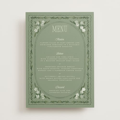 This is a sage menu cards with standard by Jenna Holcomb called vintage sketched printing on signature in 5x7