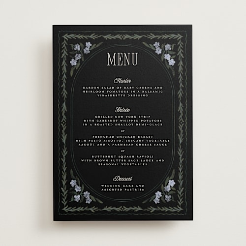 This is a midnight menu cards with standard by Jenna Holcomb called vintage sketched printing on signature in 5x7