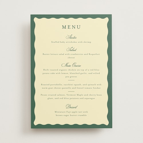 This is a citrine menu cards with standard by Emily Betts called curved frame printing on signature in standard