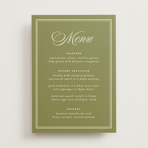 This is a olive menu cards with standard by Ellen Schlegelmilch called museo printing on signature in standard
